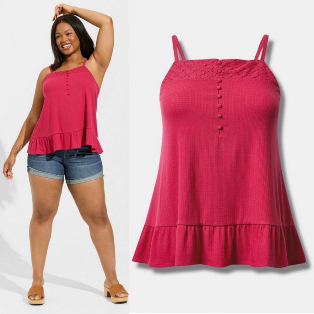 TORRID Texture Knit Woven Eyelet Square Neck Swing Tank